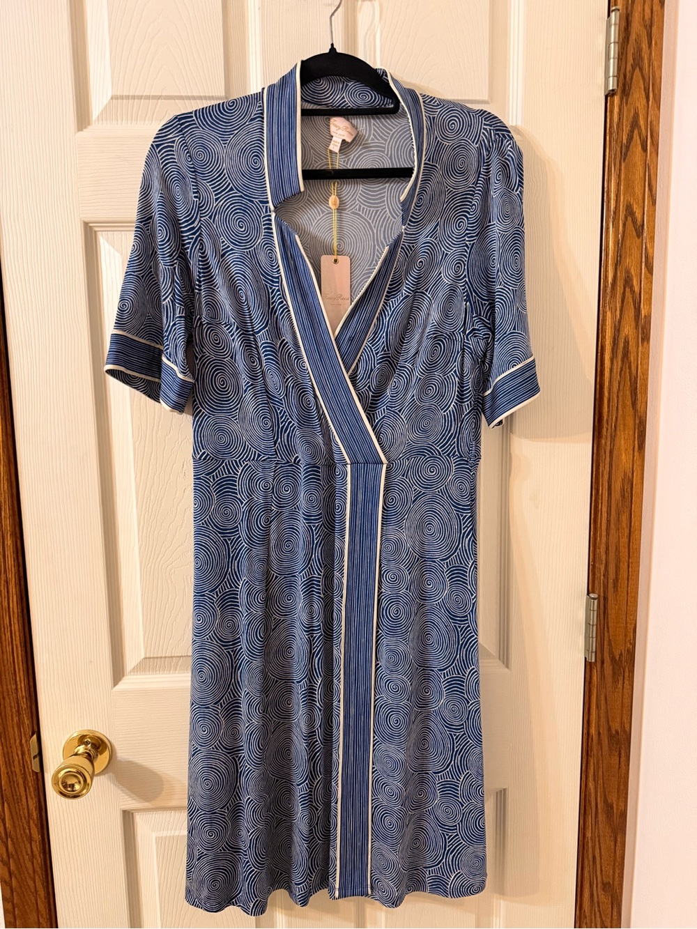 Tracy Reese Blue Spiral-Print Wrap Midi Dress with Striped Trim